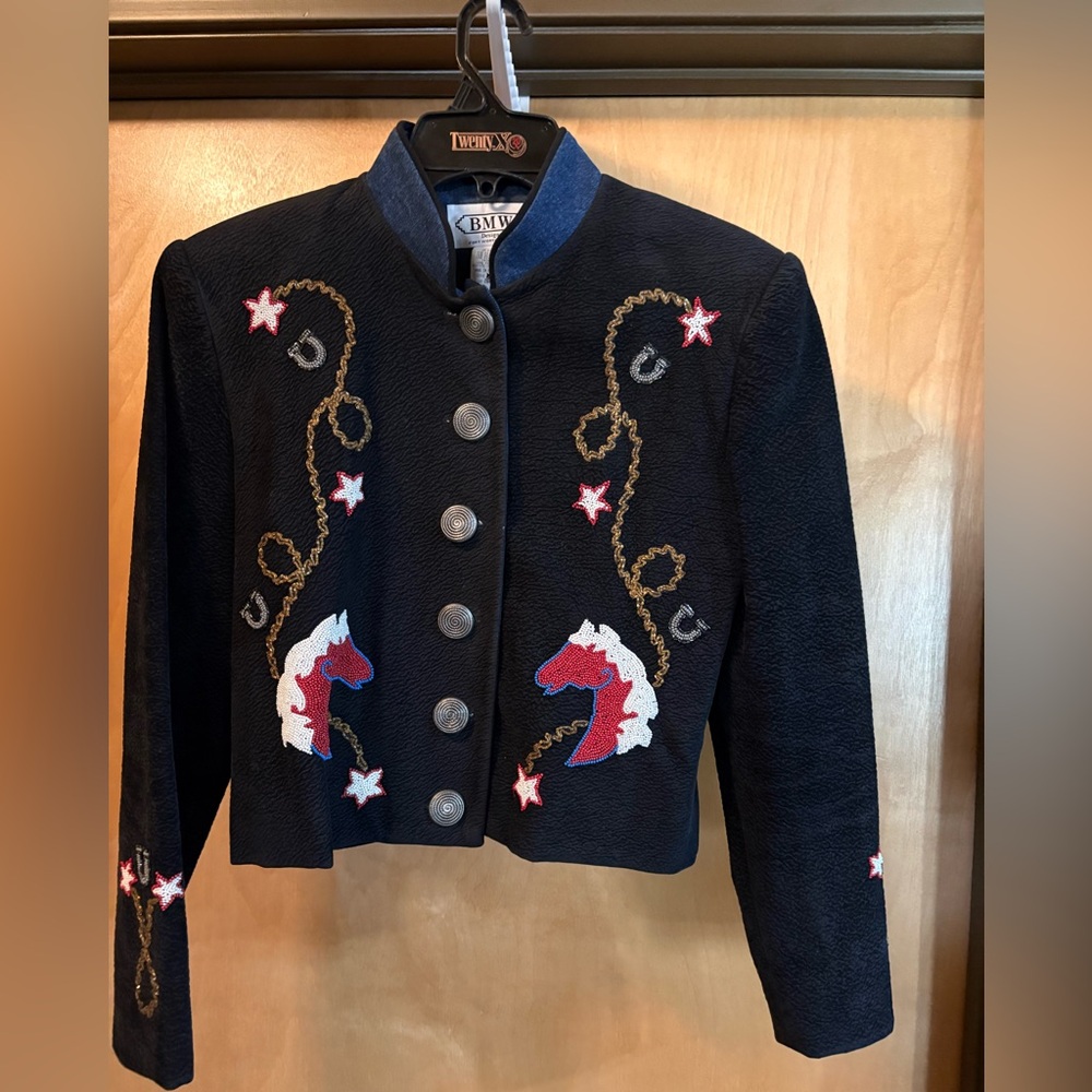 BMW Vintage Black Embroidered Horse Jacket; Has shoulder pads; Size M